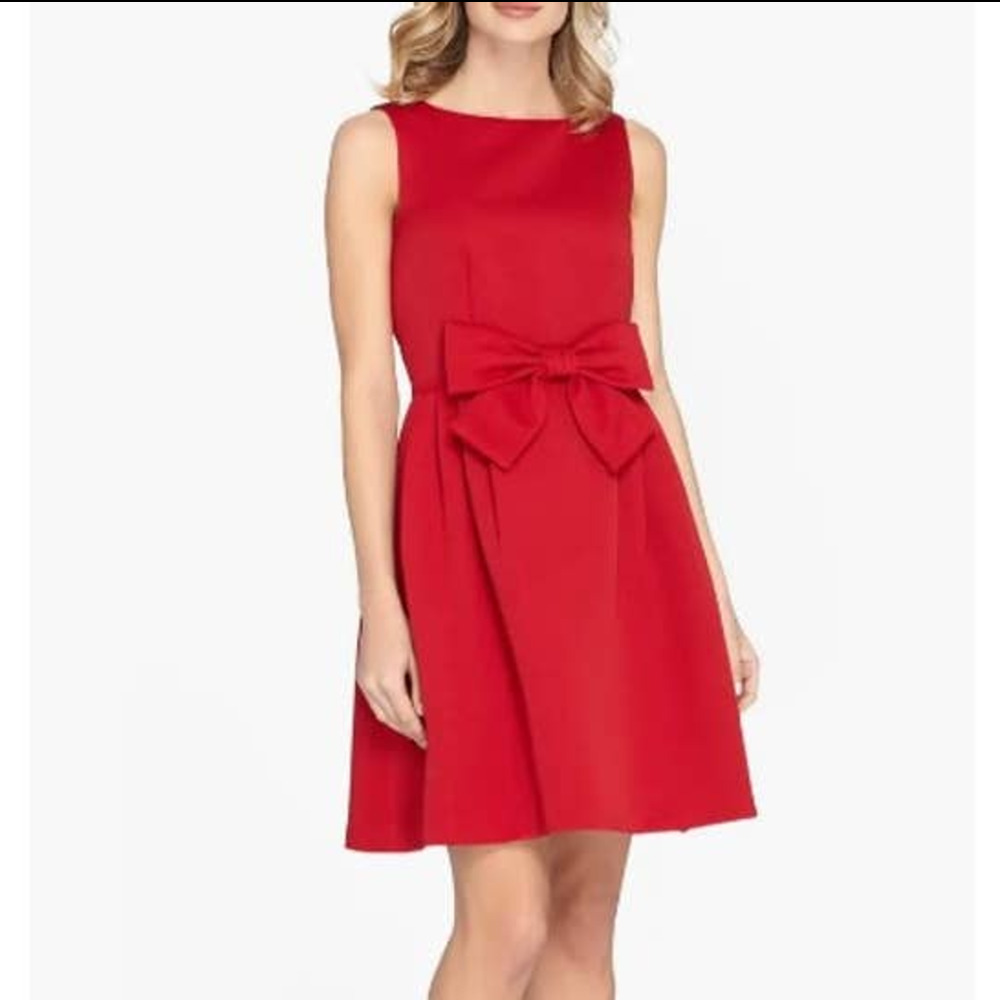 Tahari Red Bow Front Fit & Flare Dress Size 10 Holiday Party Cocktail Sleeveless